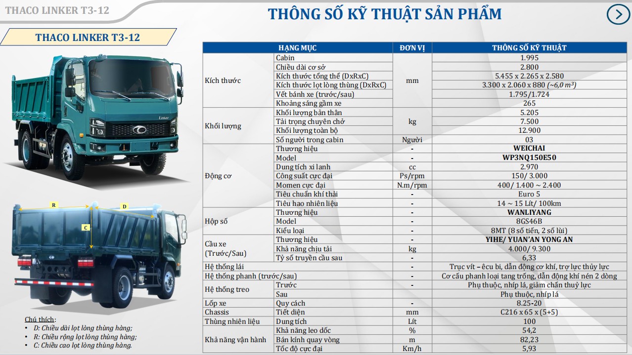 Thông số kỹ thuật xe tải ben Thaco Linker T3-12 (7.5 Tấn)