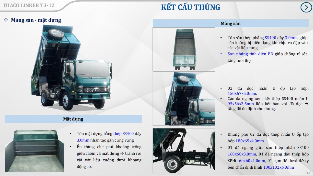 Kết cấu thùng xe tải ben Thaco Linker T3-12 (7.5 Tấn)