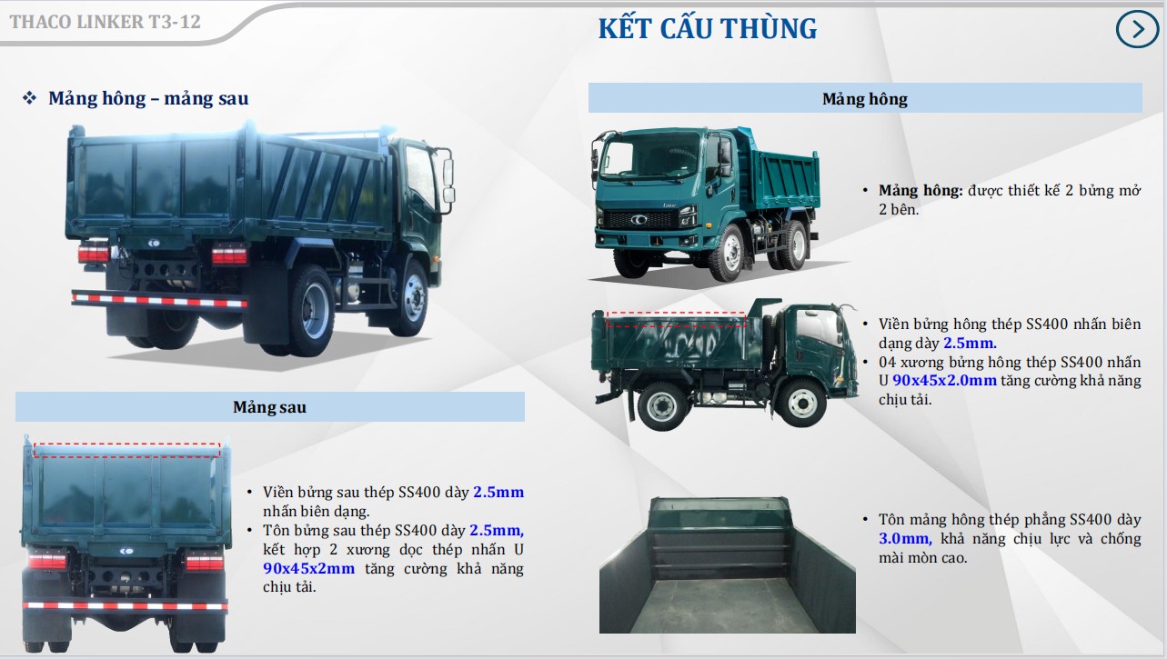 Kết cấu thùng xe tải ben Thaco Linker T3-12 (7.5 Tấn)