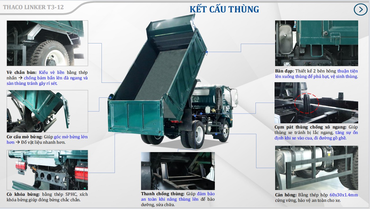 Kết cấu thùng xe tải ben Thaco Linker T3-12 (7.5 Tấn)