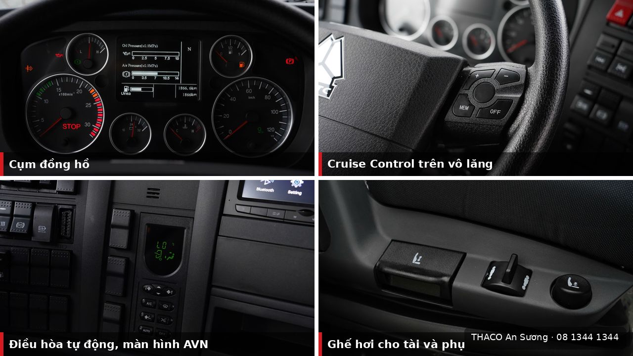 Tiện nghi cabin HOWO T7H 440: cụm đồng hồ, Cruise Control, điều hòa tự động, ghế hơi