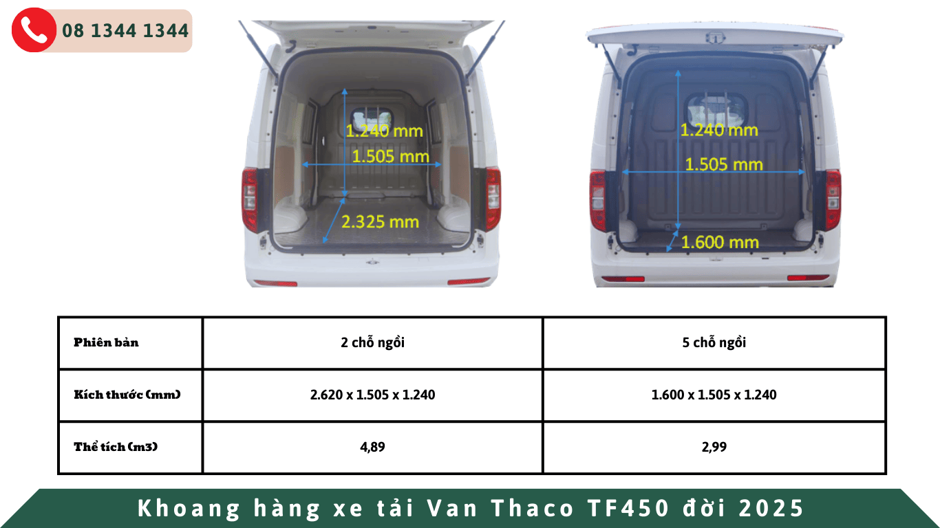 kích thước thùng hàng xe tải van thaco tf450 2 chỗ và 5 chỗ