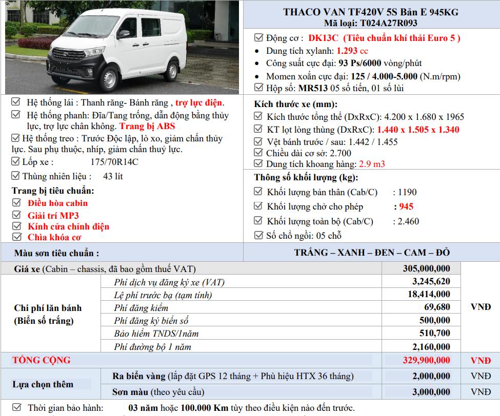 Báo giá lăn bánh TF420 E 5 chỗ
