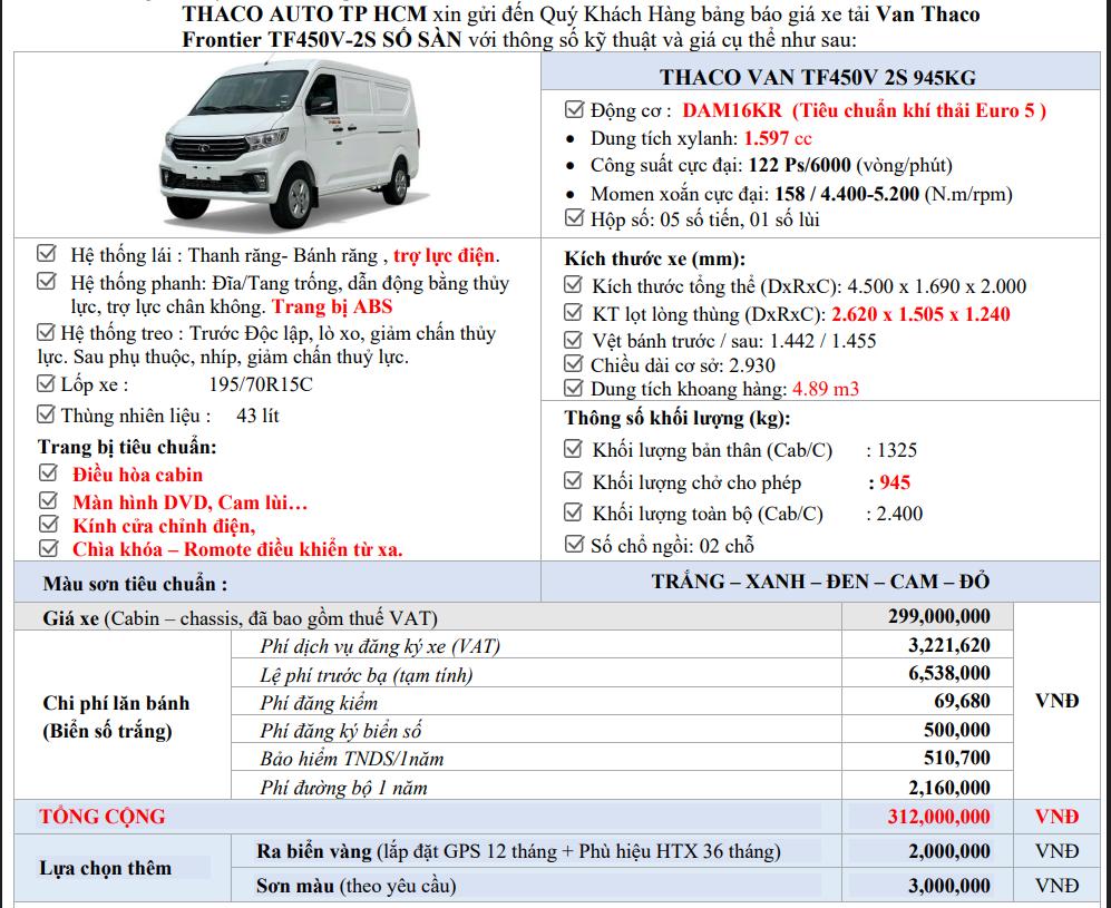 Báo giá lăn bánh xe tải Van Thaco TF450 2 chỗ số sàn
