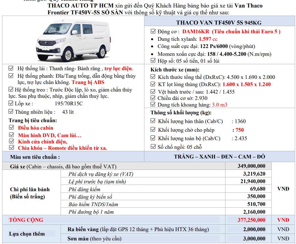 Giá lăn bánh chi tiết xe tải Van Thaco TF450 5 chỗ số sàn