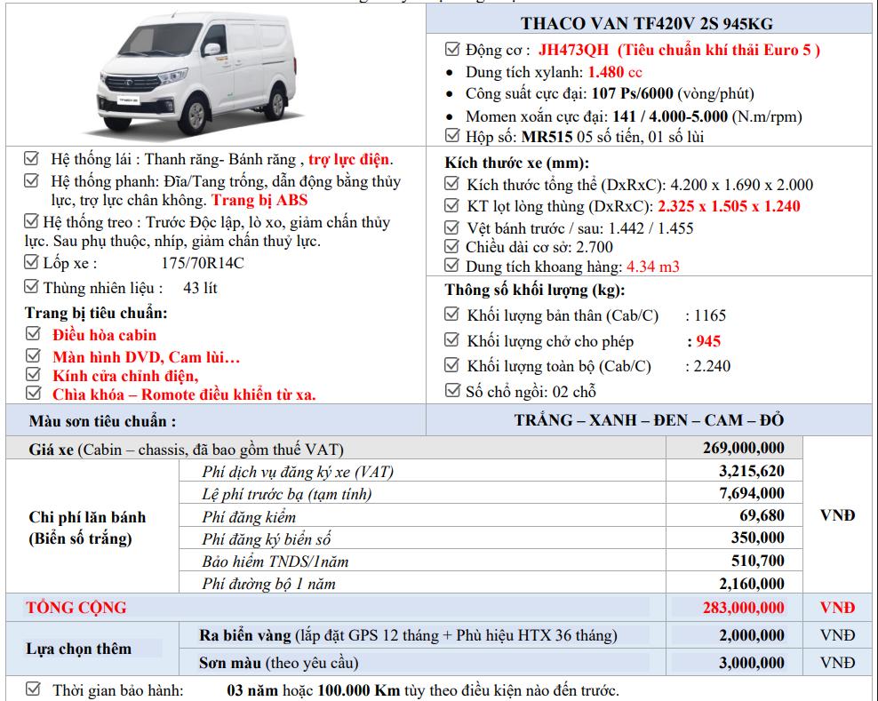 Giá lăn bánh xe tải Van Thaco TF420 2 chỗ