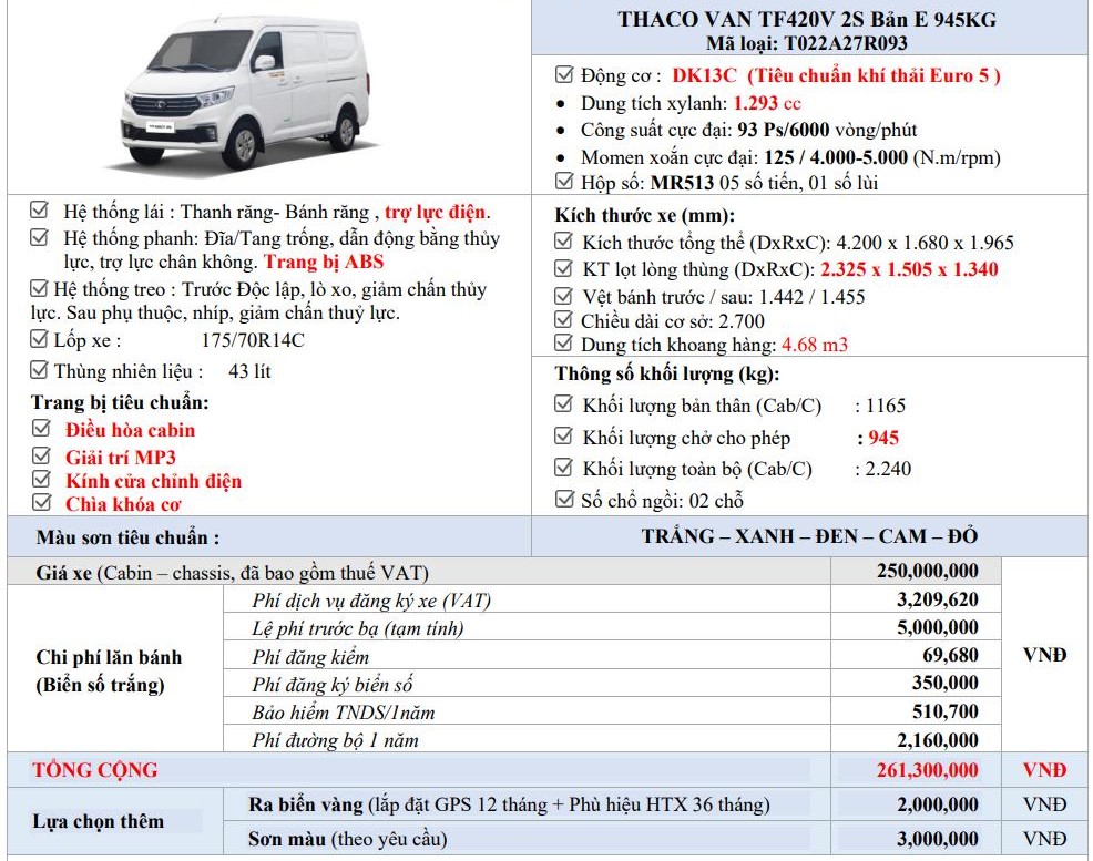 Giá lăn bánh xe tải Van Thaco TF420 E 2 chỗ