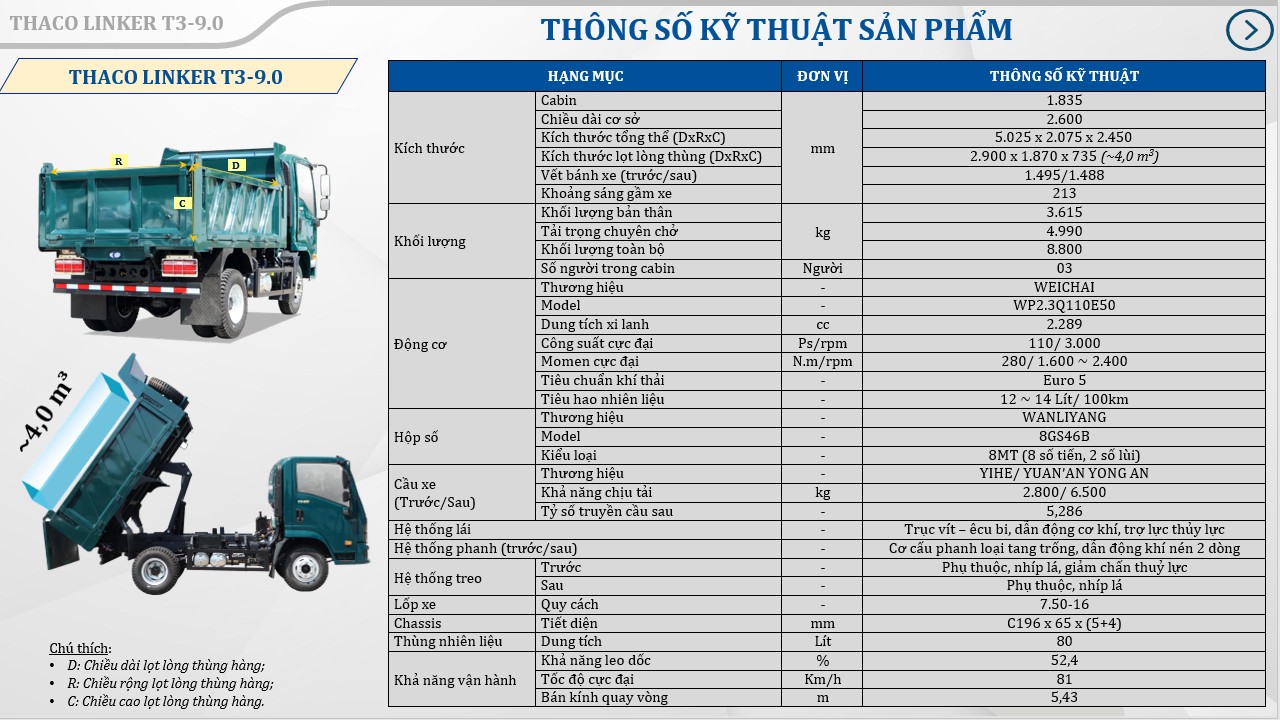 Thaco Linker T3-9.0 Ben thaco 5 tấn 1 cầu