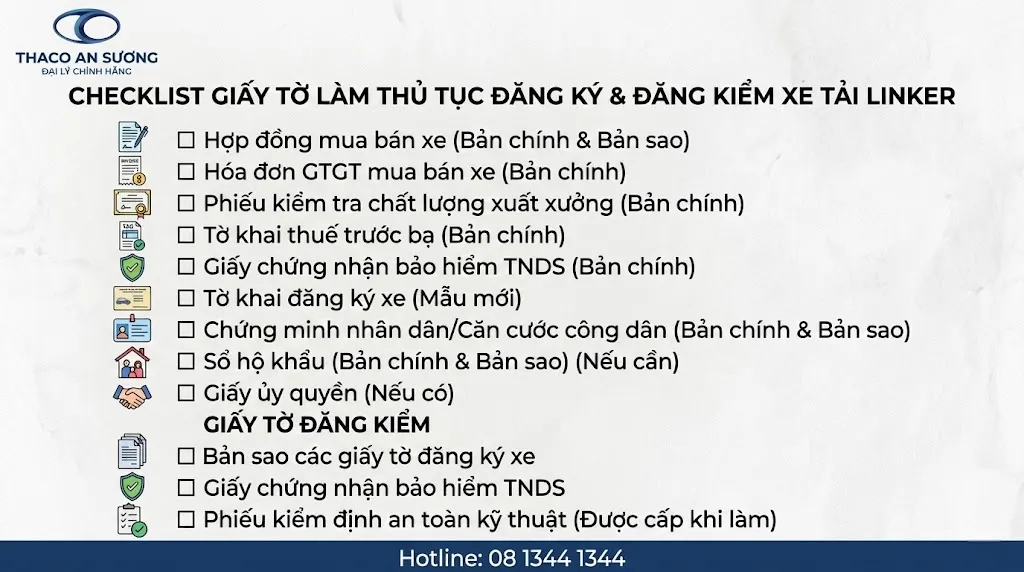 Checklist giấy tờ làm thủ tục đăng ký và đăng kiểm xe tải Linker
