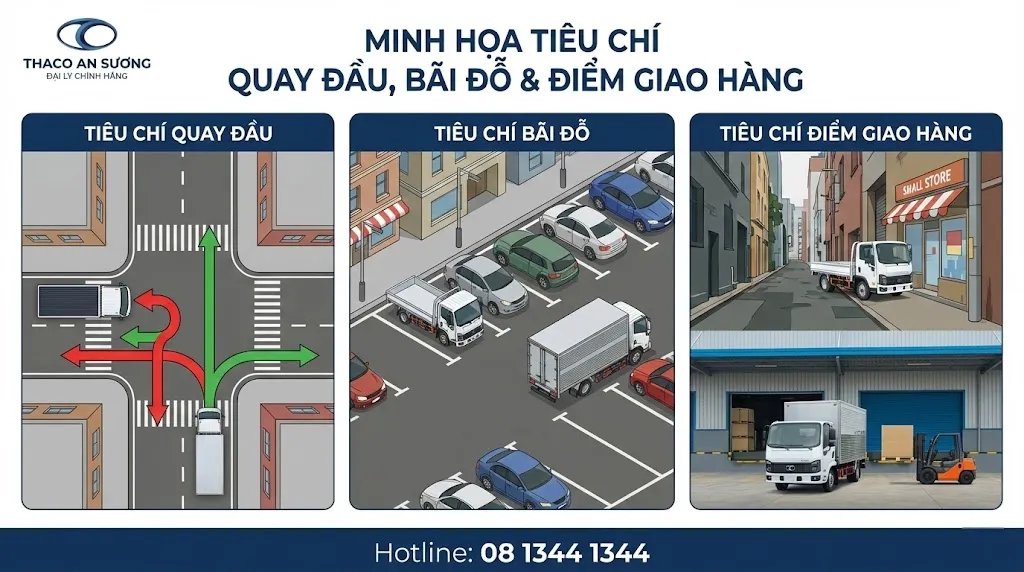 Minh họa ba tiêu chí quay đầu, bãi đỗ và điểm giao hàng