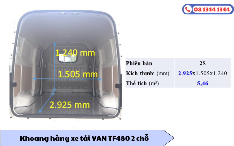 Kích thước khoang hàng TF480 bản 2 chỗ dài 2925mm
