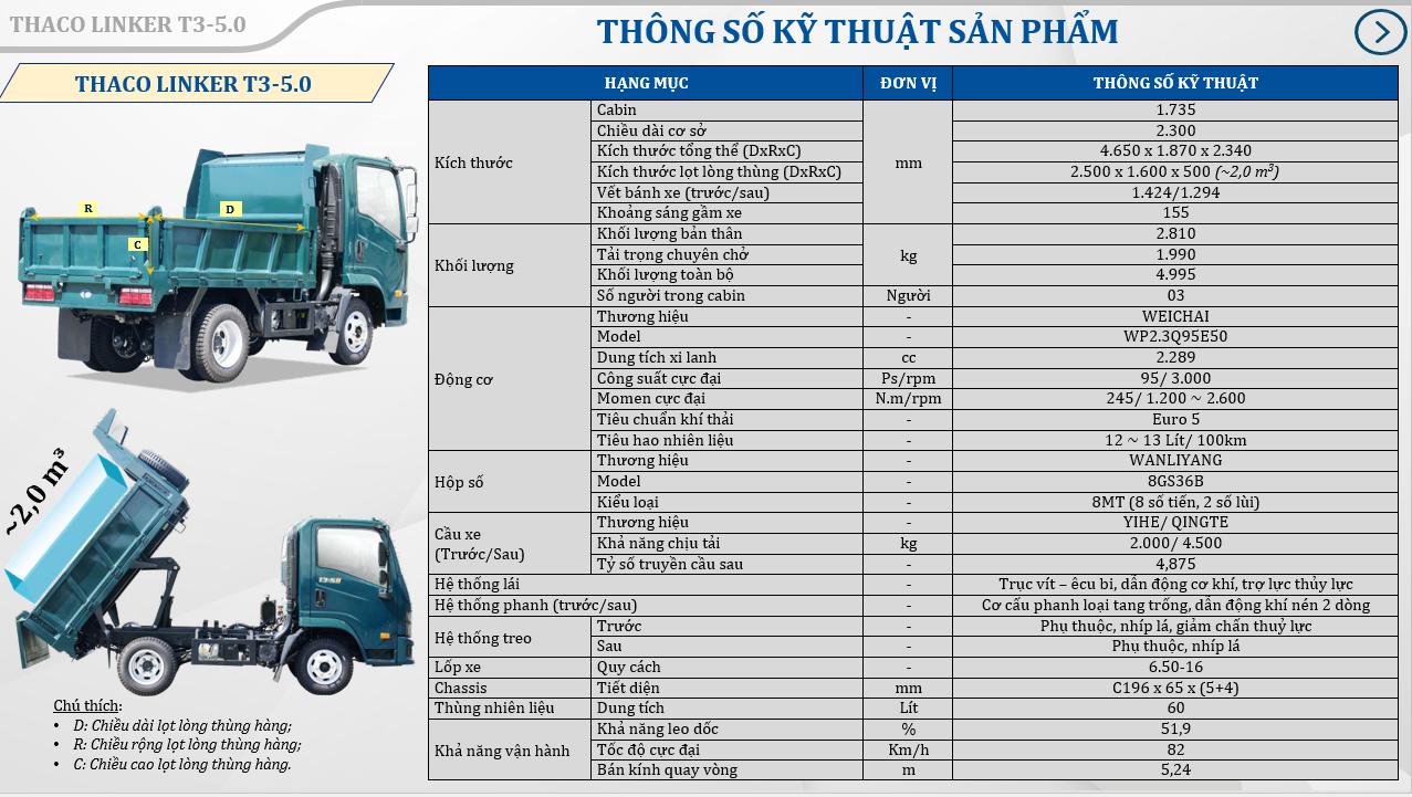 Xe tải Ben Thaco 2 Tấn thùng 2 khối phanh hơi T3-5.0