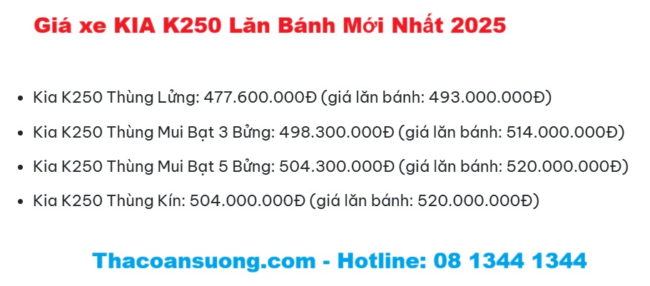 Giá xe kia k250 lăn bánh mới nhất 2025