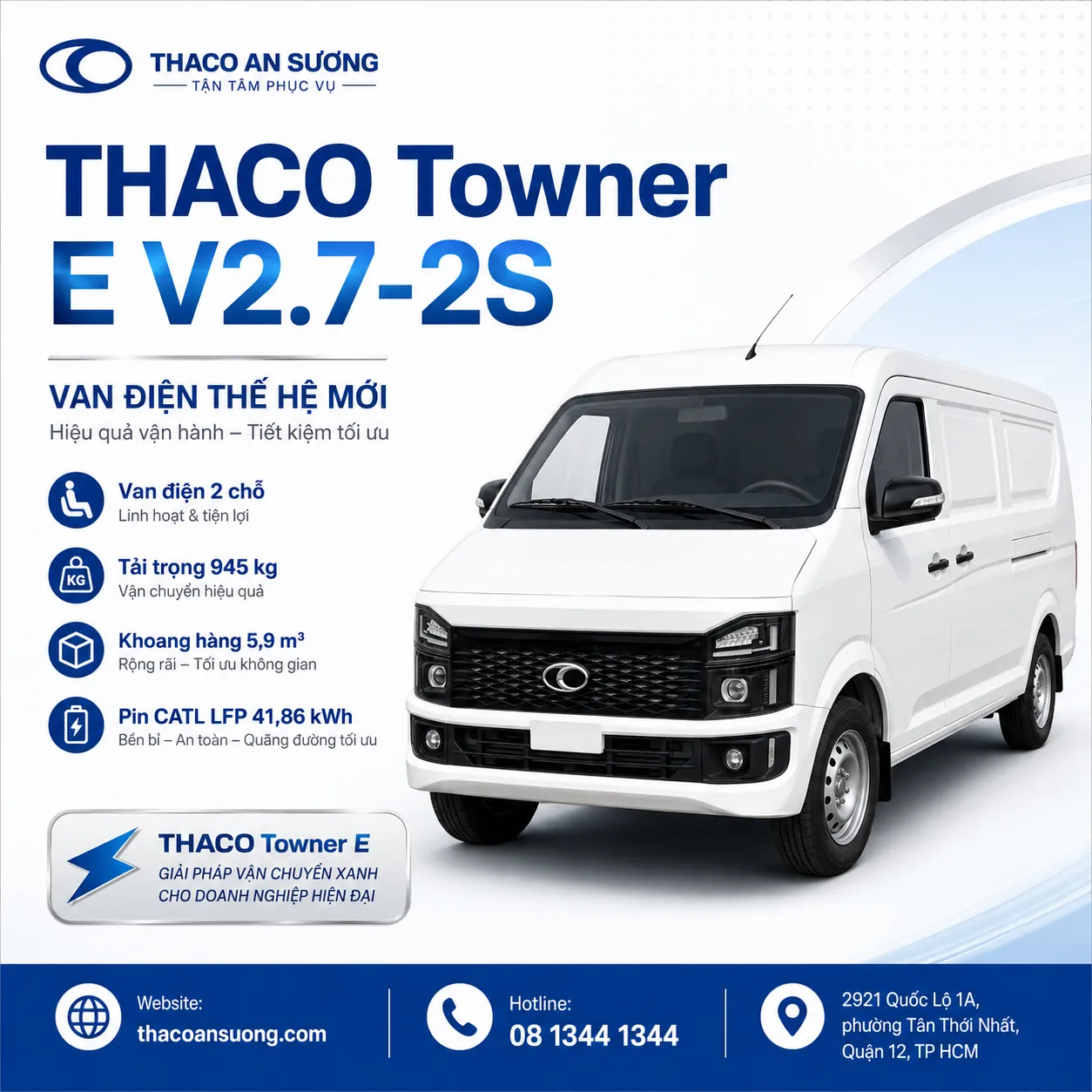 THACO Towner E V2.7-2S – Giá ưu đãi 499 triệu, khoang hàng 5,9 m³